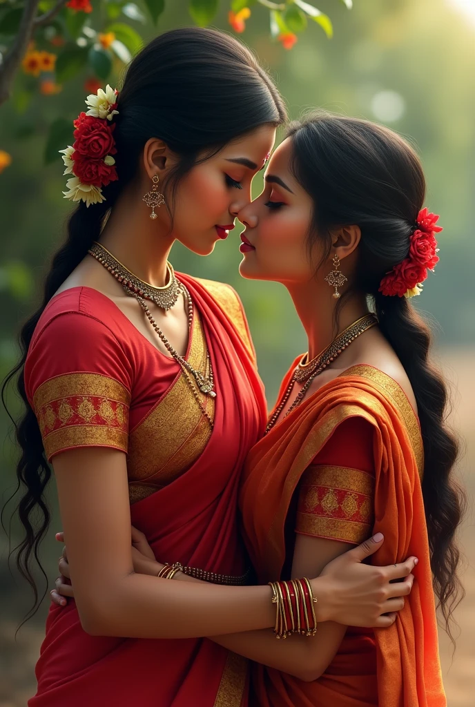 A Odia White young girl with slim body and perfect boobs, wearing beautiful saree and blouse with sindoor on forehead near to hairs and mangalsutra on neck like traditional housewife going for bath, realistic near Jajpur, Odisha district kissing her husband 