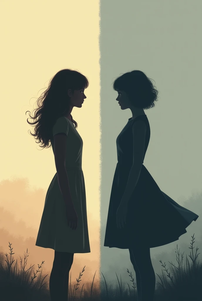 Depict two female silhouettes, representing the two sisters, facing opposite directions. This can symbolize their separate lives and perspectives. The background can be split into two contrasting colors, perhaps a soft sepia for one sister and a muted gray-blue for the other, to highlight their different experiences.