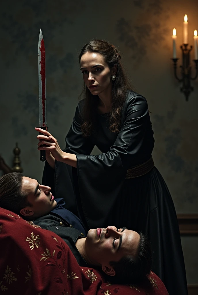 The character Lady Macbeth from the book Macbeth by the author William Shakespeare in the scene where she picks up the dagger from the guards and then incriminates them