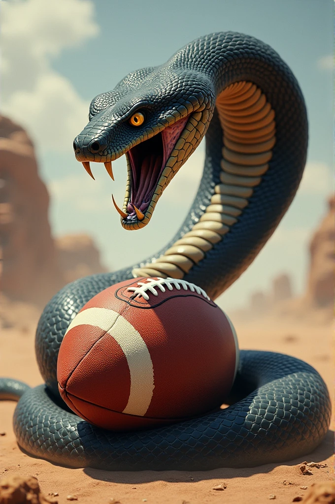 A cobra with its tail end forward and an American football