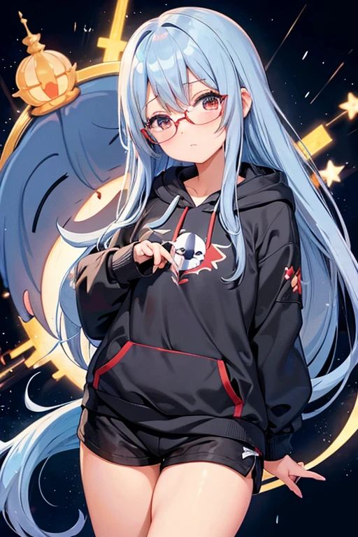 Angelic French doll, Stocky, Brightly colored hoodies, In shorts, Blue Hair ,Disheveled long hair, (anime: 1.2), Wearing glasses, Asymmetrical bangs, masterpiece, Tengu, (Fortuneteller: 0.8), (sleepy: 0.8), Intimate, フレンドリー, 風を受けている, 濡れた髪, anime, ざぁこ♡, 寒い