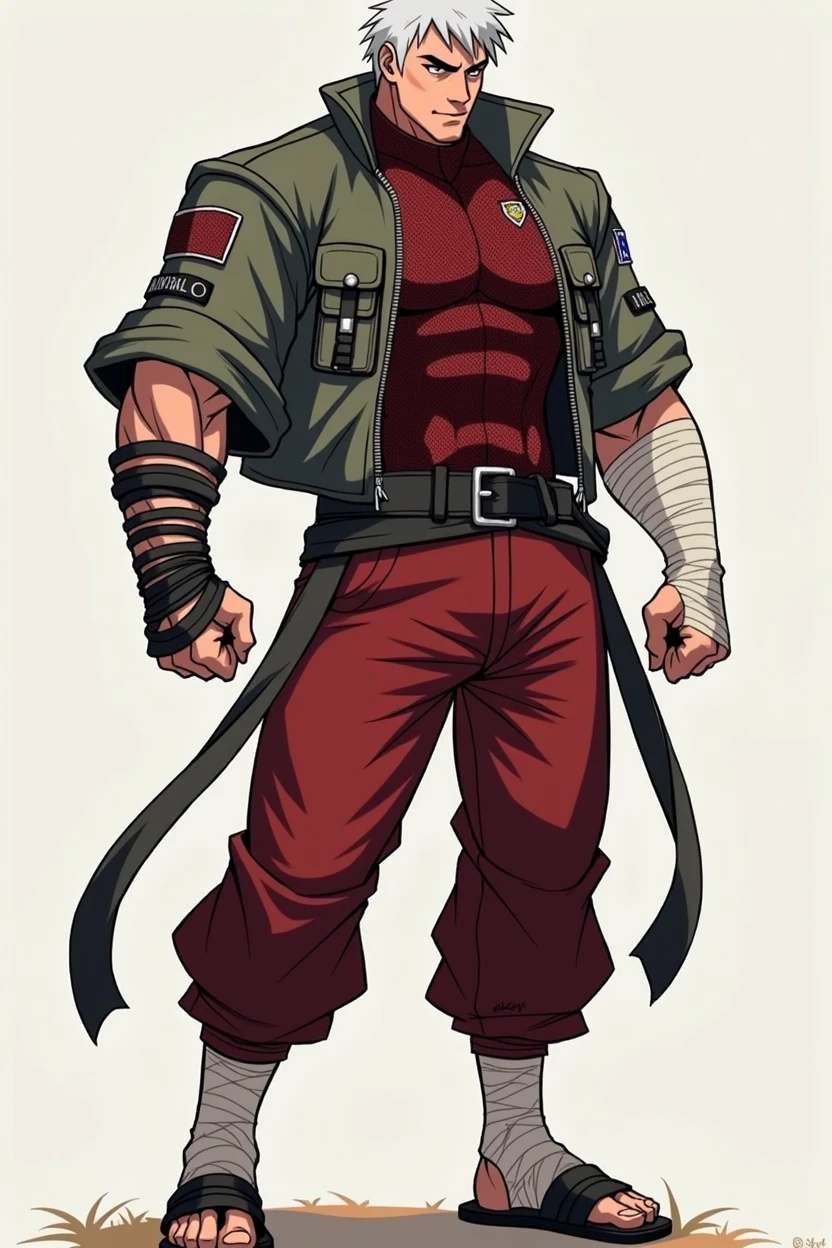 A dynamic illustration of Munashi Kurotani, a young but physically imposing -yeld chcter who stands 203 cm tall and has a muscular build. He has pure white hair and eyes. Munashi is dressed in a tight-fitting dark red shirt made of special mesh fabric with a high collar and no sleeves, paired with slightly loose red combat pants. He wears dark-colored ninja sandals. Over the shirt, he wears a sturdy, zipped combat jacket. His right arm features bandaged hands, while both legs have hip pouches with additional bandages wrapped around them. Capture him in a reflective or intense training pose, emphasizing his immense physical strength. The overall mood should convey his formidable presence, anime ART, webtoon ART, manga art