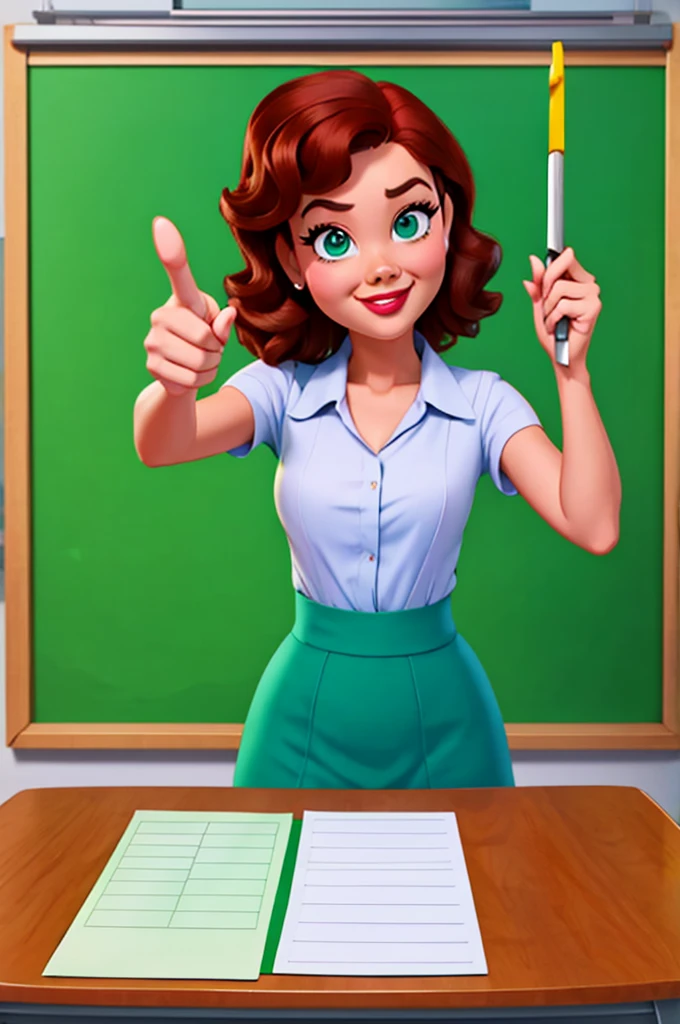 Disney Pixar style drawing, Teacher, holding a ruler in front of the green board near the table, the teacher is pointing to the board