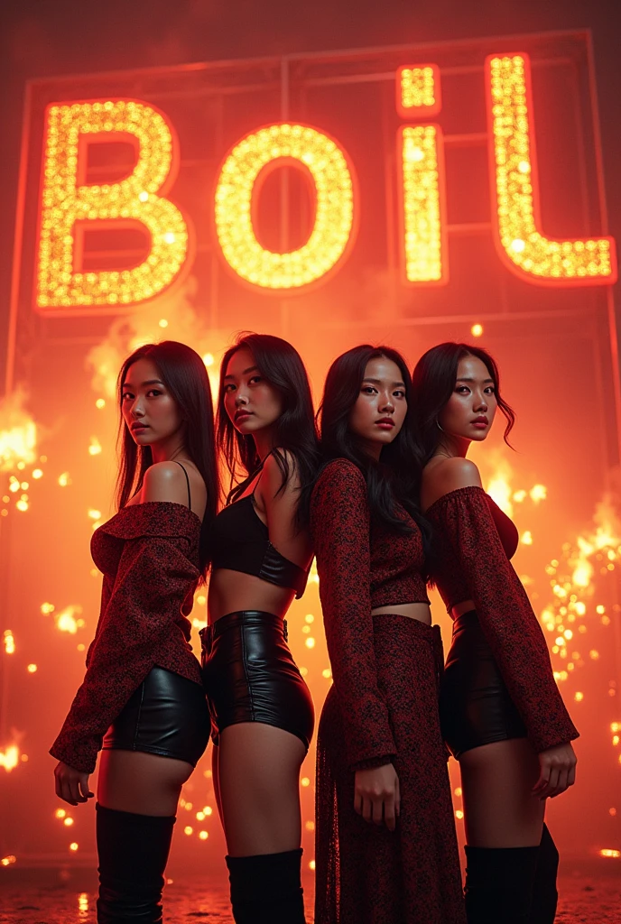 2024 debut album for a 4-member female Kpop group, one of whom is Thai. The album cover features the name 'Boil' and a fiery background., feast, fireworks and futuristic 