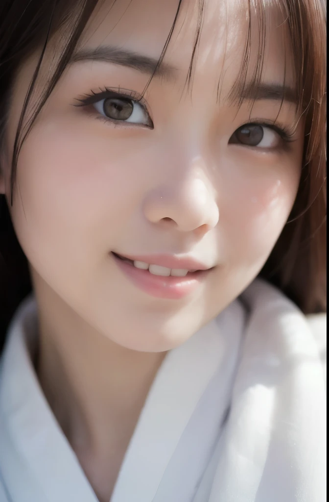best quality, face focus, soft light, ultra high res, (photorealistic:1.4), RAW photo,(Shinozaki Ai), white skin, kawaii, 1 Japanese girl, solo, cute, (smile), (pupil, lights in the eyes), detailed beautiful face, Medium-sized breasts,(high resolution detail of human skin texture),(long hair),(portrait), upper body, white traditional kimono