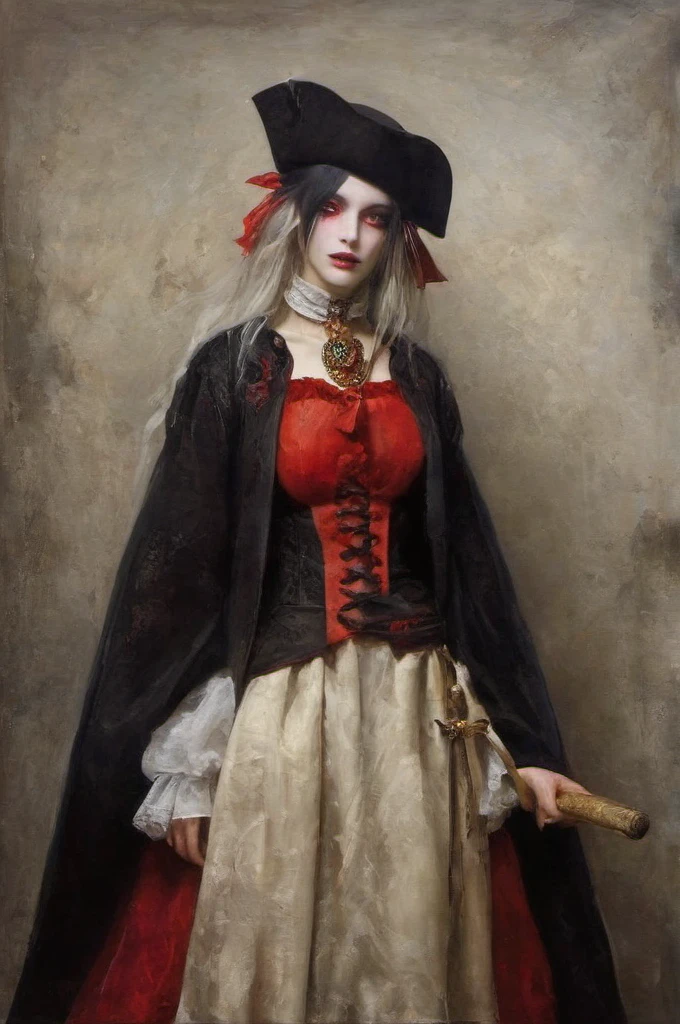 Arlecchino (Genshin Impact), James Gurney, Surrealist art , dream-like, Mysterious, Provocative, symbolic, Complex, detailed,, (Gothic but very beautiful:1.4), (masterpiece, highest quality:1.4) , Nicola Samori Style, adult girl,  A rather tall, somewhat androgynous woman with pale skin and eyes with a pure black iris and a red pupil in the shape of the letter "x". There are sometimes black strands in her asymmetrical long snow-white hair. combed over the right side of the head. pirate coat