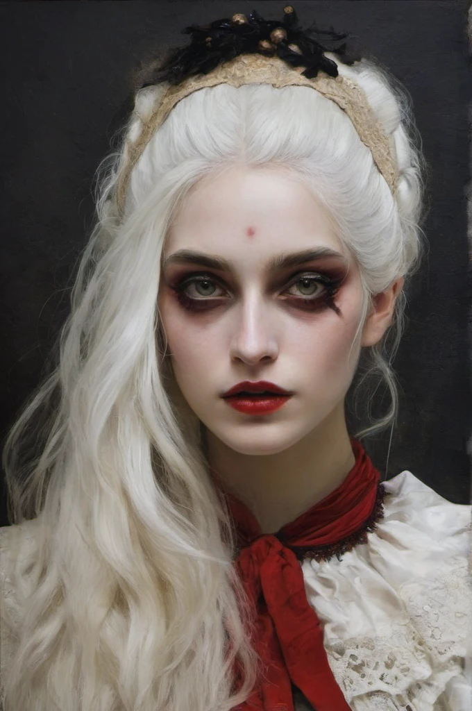 Arlecchino (Genshin Impact), James Gurney, Surrealist art , dream-like, Mysterious, Provocative, symbolic, Complex, detailed,, (Gothic but very beautiful:1.4), (masterpiece, highest quality:1.4) , Nicola Samori Style, adult girl, A rather tall, somewhat androgynous woman with pale skin and eyes with a pure black iris and a red pupil in the shape of the letter "x". There are sometimes black strands in her asymmetrical long snow-white hair. combed over the right side of the head. pirate coat