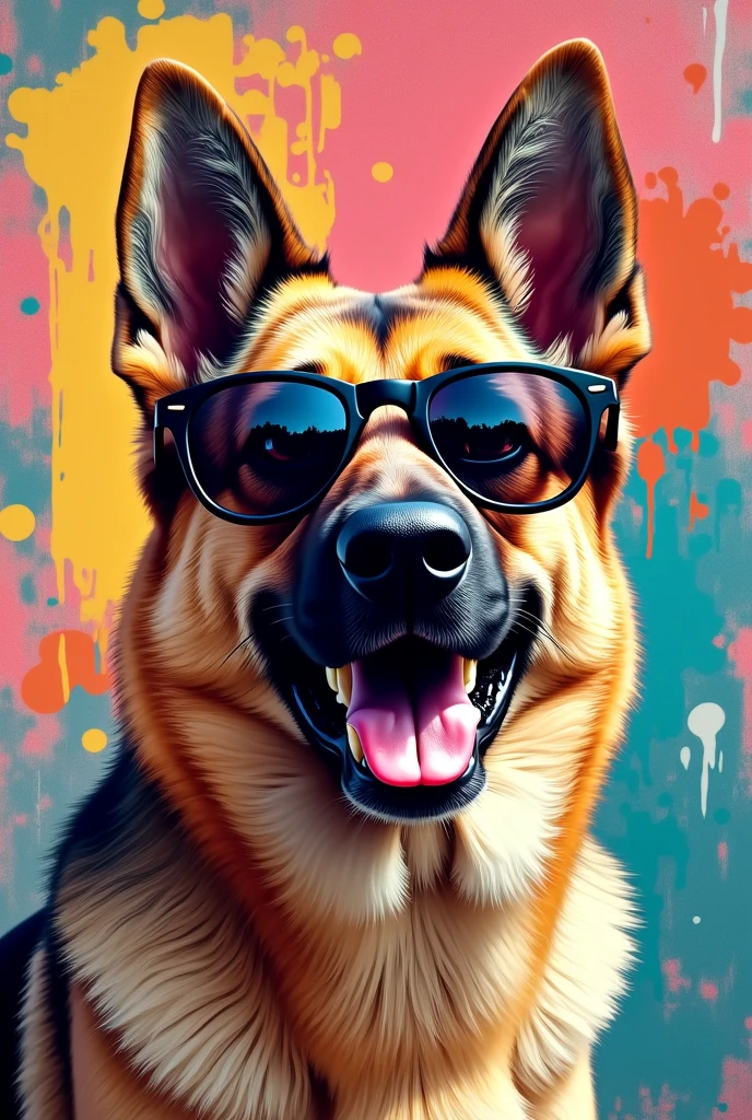 German Shepherd in light brown white with sunglasses, pop art, graffiti 