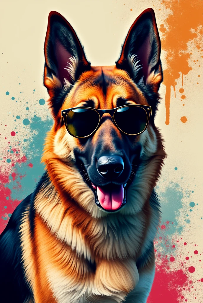 German Shepherd in light brown white with sunglasses, pop art, graffiti 