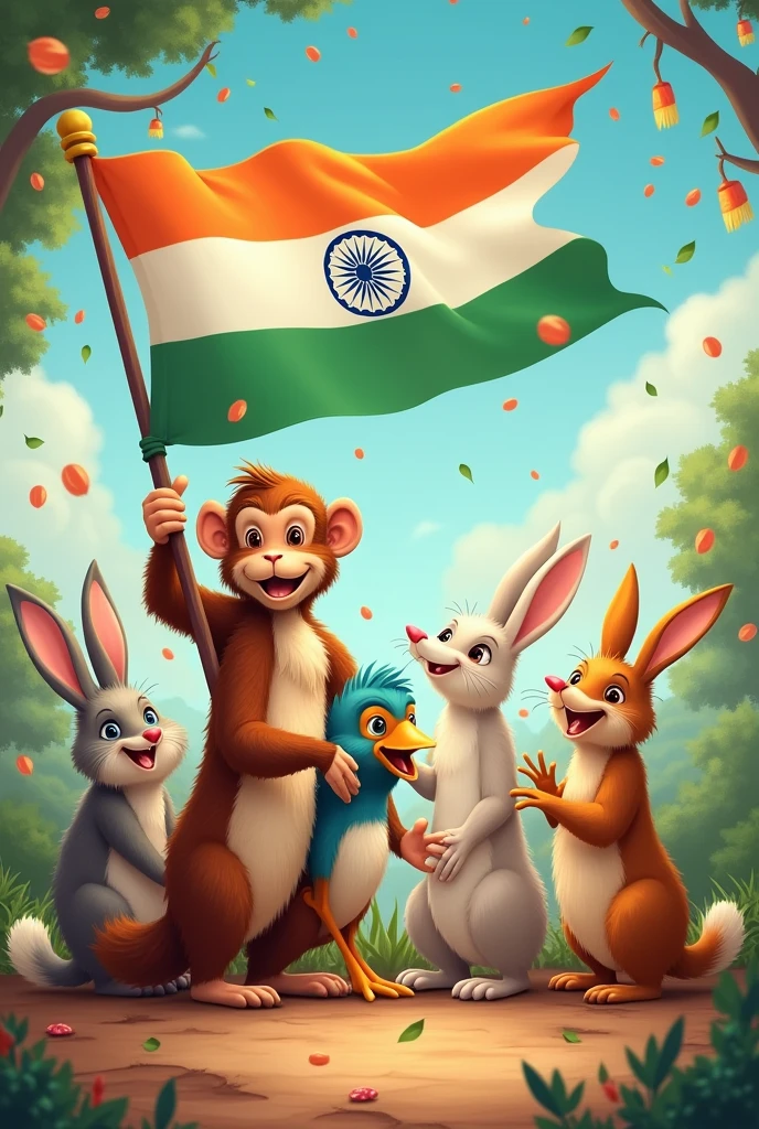 Monkey bird rabbit all animals celebration 15 August 
Independence day with Indian flag 