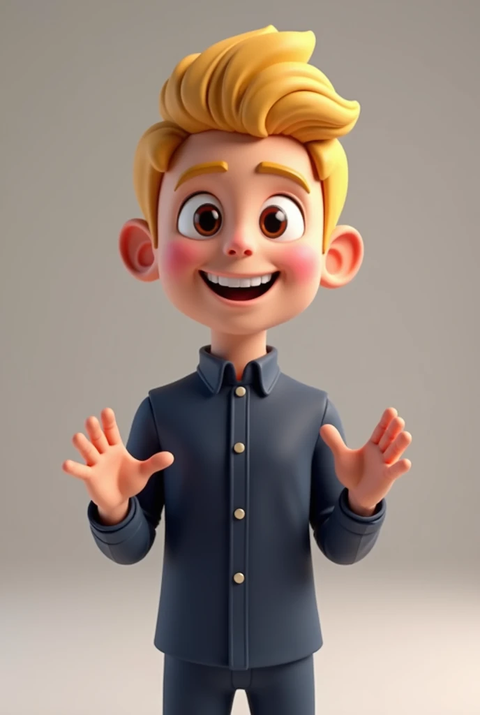 Create a 3D animated character mascot, a blonde male wearing a dark blue store uniform without a logo, with a welcoming presentation.