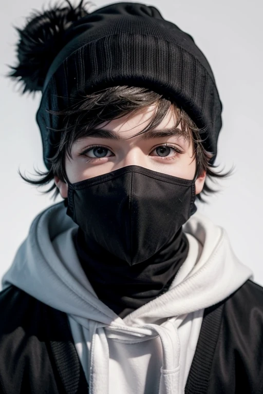 Create a YouTube profile picture for a cartoon boy around 19 years old. He is wearing a mask covering his nose and mouth, and a black beanie. The background should be white. 