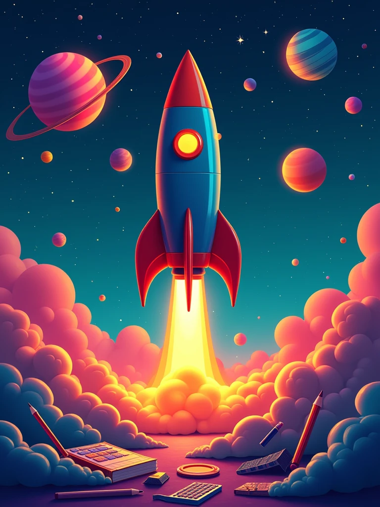 digital art of a stylized rocket taking off, surrounded by colorful planets and stars, include school supplies. use colors: dark blue, orange, purple and green.