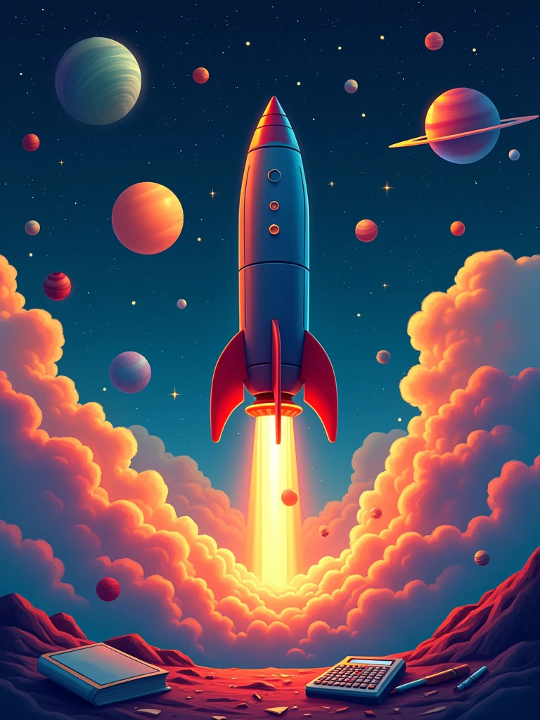 digital art of a stylized rocket taking off, surrounded by colorful planets and stars, include school supplies. use colors: dark blue, orange, purple and green.