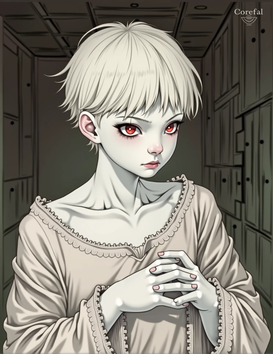 An albino child, skinny boy, with straight and short light hair with bangs, light red eyes, a skin tears off like snow, wearing a kind of long and worn sweater, blank stare, on a setting in an orphanage with an old structure.  