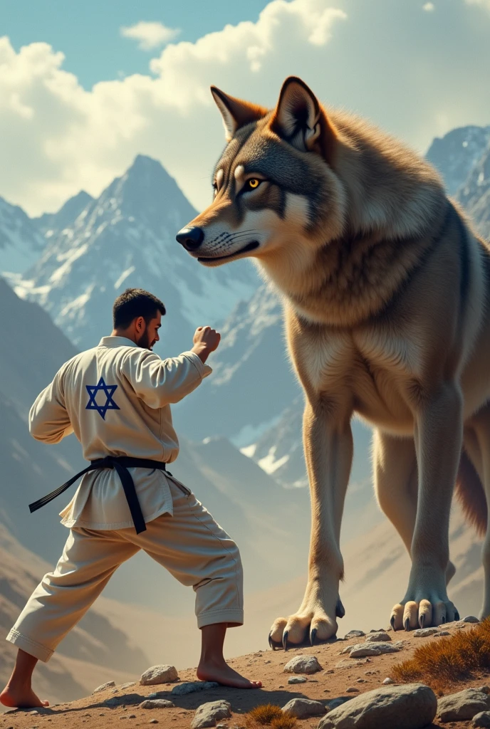 A karateka with the blue Star of Israel badge on his chest about to fight the world's largest wolf.