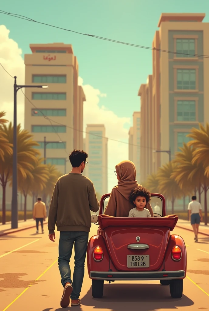 A light brown young man walks with his wife who wears corrective glasses in a car. They are traveling in Mauritania and their beautiful little daughter is riding in the back. They pass by an institute that teaches civil engineering called "ISM-BTPU"., Where they used to study in the past and felt nostalgic as they looked at it .
This institute is five kilometers away from the Mauritanian city of Aleg and consists of tall, spacious buildings..
The wife is Muslim