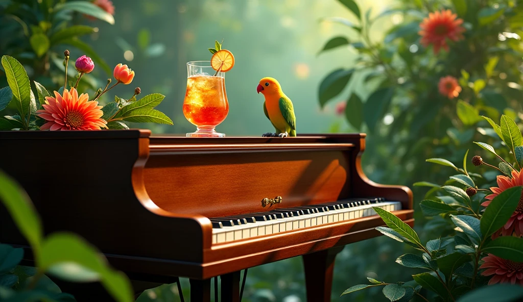 Grand Piano in a lush tropical garden, with a close-up capturing a drink on the piano and the natural flowers, showing off your natural charm and outgoing personality. And a couple of diamond parakeets.