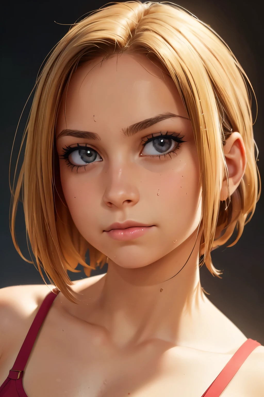 1girl,( looking at viewer:1.5),(FACE FOCUS),(upper body),, (closed mouth:1.5), high definition,1HEAD,, best quality, ultra high res, (photorealistic:1.5),(Skin reflection:1.3), RAW photo,physically-based rendering,, shiny skin,, curvy, , simple background,