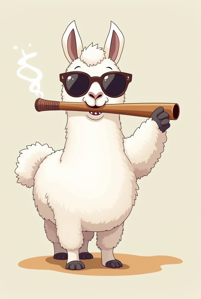 generate a llama animal with sunglasses, funny drawing, white color, with a pure abano in the mouth, that it be a slingshot llama