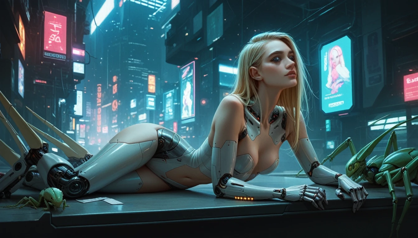 beautiful woman. blonde. sexy. cyberpunk, neonlights, future. prostitude, lederkombi. babe, big booty, cyberware, mantis blades