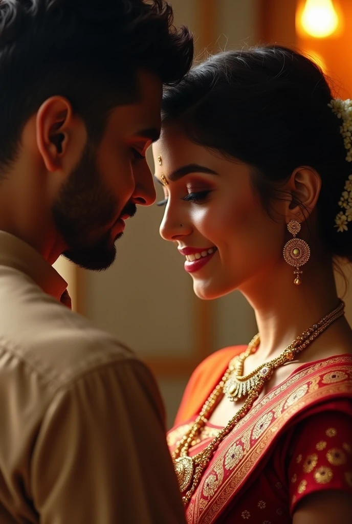 A Odia White young girl with slim body and perfect boobs, wearing beautiful saree and blouse with sindoor on forehead near to hairs and mangalsutra on neck like traditional housewife going for bath, photorealistic, kissing her husband
