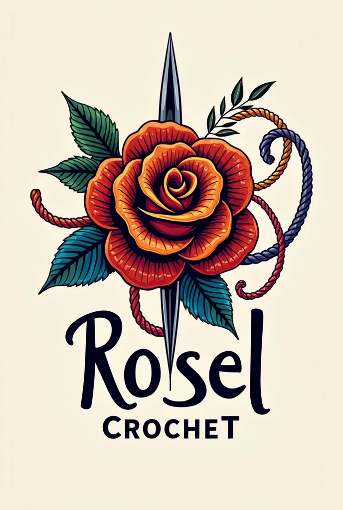A logo with the name Rosel crochet that includes a needle, thread, and a Wayuu woven rose.
