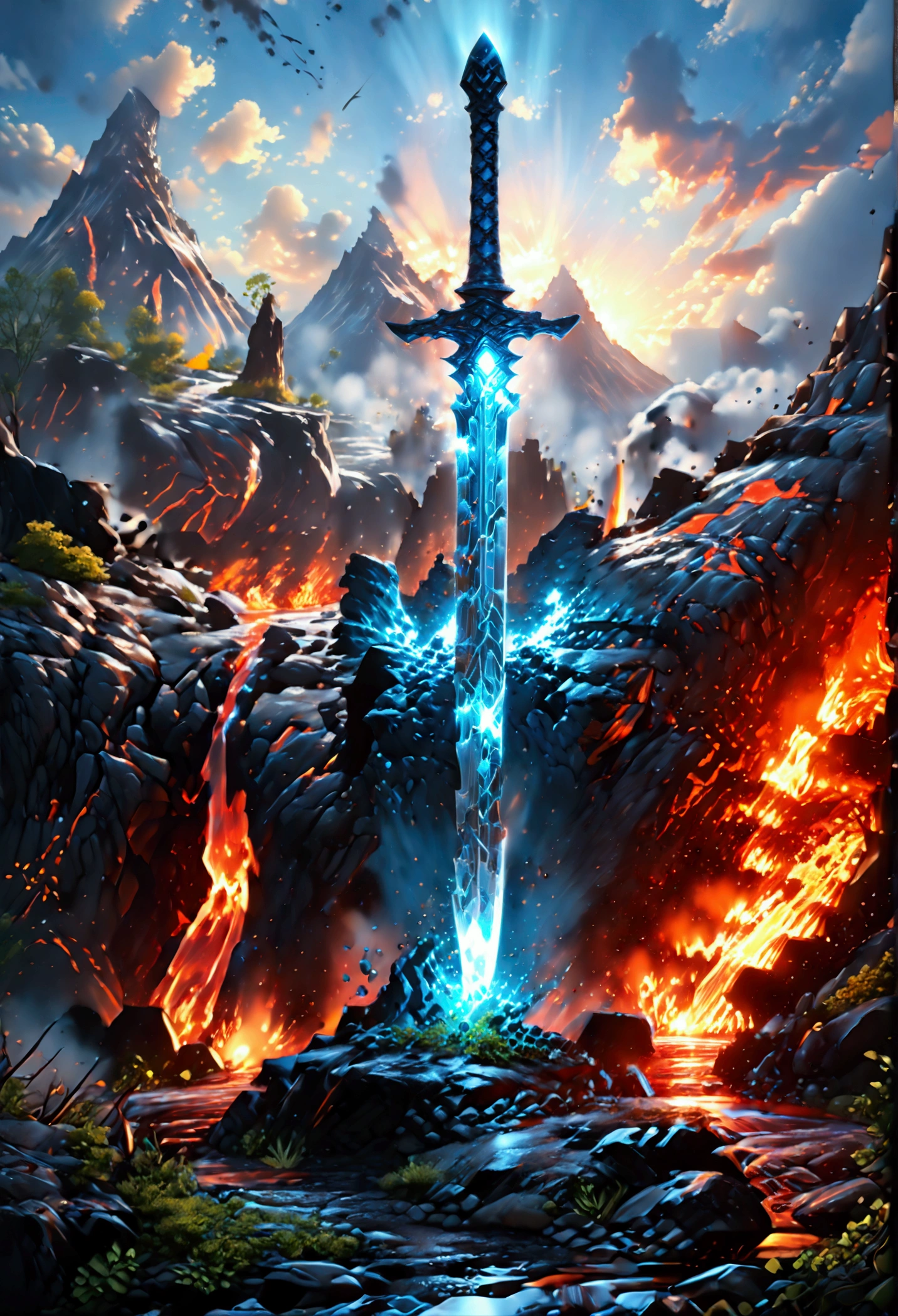 an giant sized sword surrounded with blue flame  stands on its point in volcano, a masterful sword made from diamond, epic sword, divine sword, (mountain sized sword: 1.5), its glistening in the sun, it has many facets, blue flames surround it GlowingRunesAI_paleblue, it stands in a pool of lava in a volcano, fantasy volcano background, sun rays, divine rays, high quality, landscape, lava land,  (best details, Masterpiece, best quality :1.5), ultra best realistic pictures , best details, best quality, 16k, [ultra detailed], masterpiece, best quality, (extremely detailed), ultra wide shot, photorealism, depth of field, diamondWM