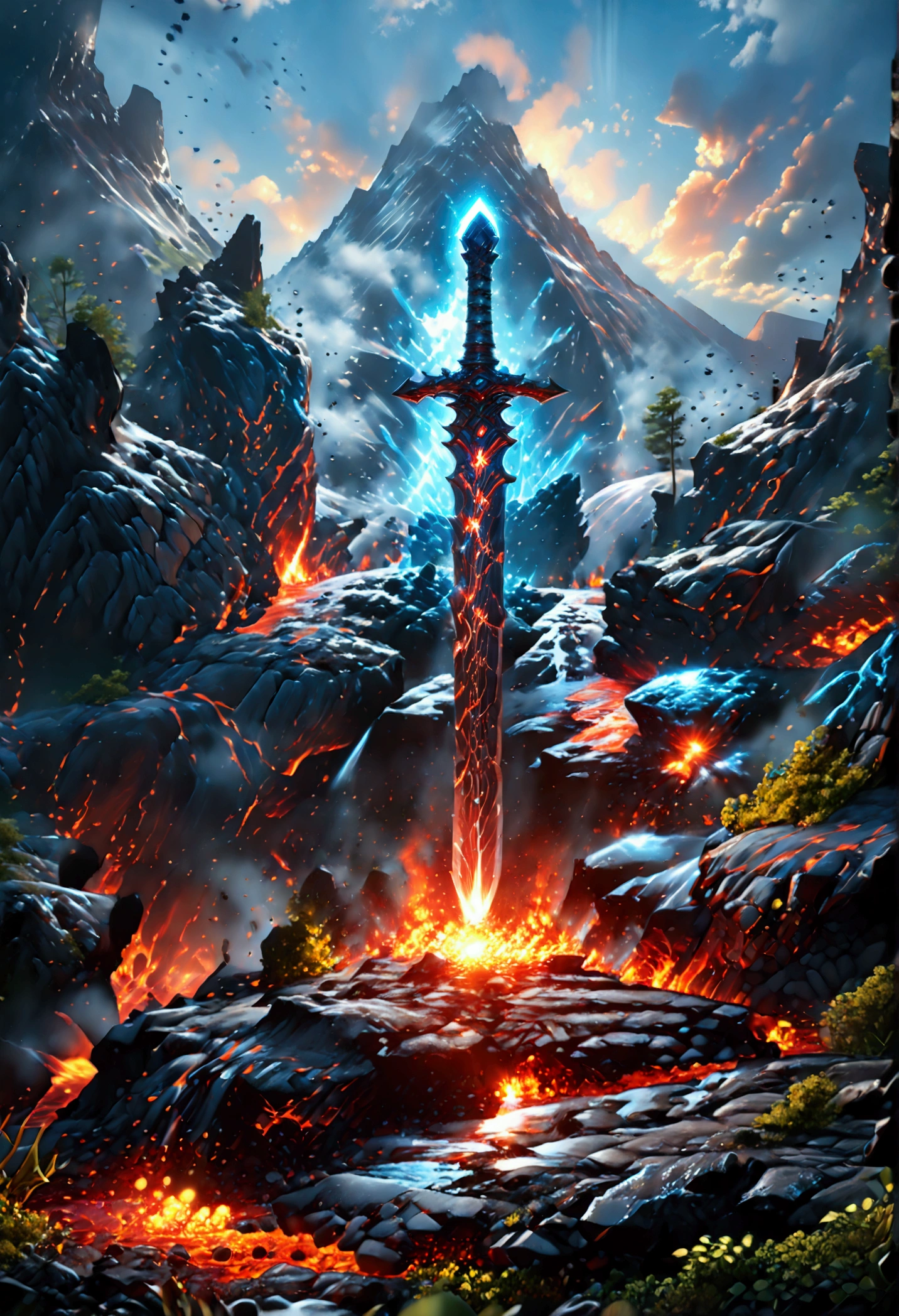 an giant sized sword surrounded with blue flame  stands on its point in volcano, a masterful sword made from diamond, epic sword, divine sword, (mountain sized sword: 1.5), its glistening in the sun, it has many facets, blue flames surround it GlowingRunesAI_paleblue, it stands in a pool of lava in a volcano, fantasy volcano background, sun rays, divine rays, high quality, landscape, lava land,  (best details, Masterpiece, best quality :1.5), ultra best realistic pictures , best details, best quality, 16k, [ultra detailed], masterpiece, best quality, (extremely detailed), ultra wide shot, photorealism, depth of field, diamondWM