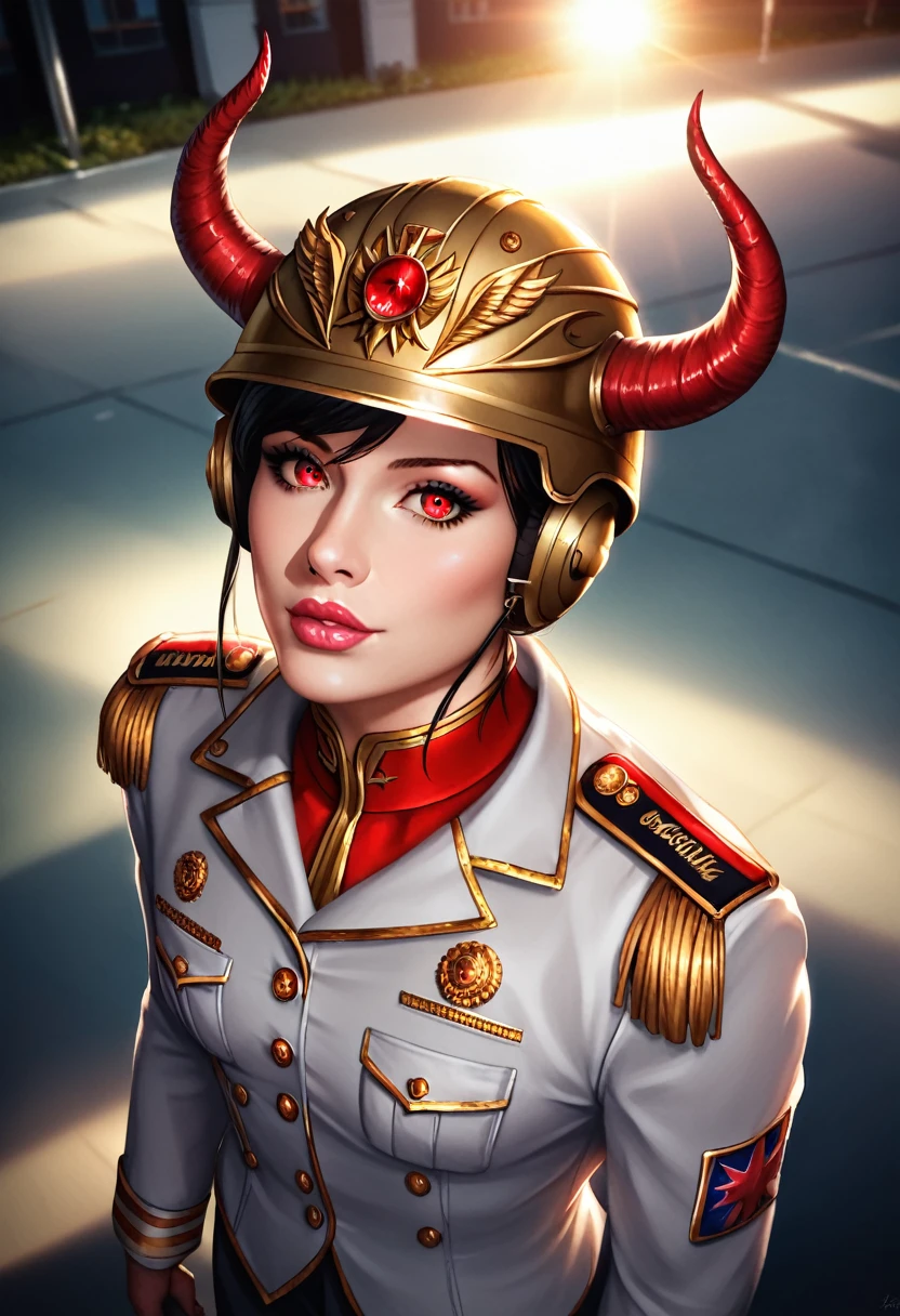 romantic couple, man and woman, man dressed in
military fashion with helmet, woman with black hair, red eyes dressed in street fashion with devil horns, looking at camera from above angle, extremely detailed faces, beautiful detailed eyes, beautiful detailed lips, outdoor nature background, golden hour lighting, cinematic composition, vibrant colors, high quality, 8k, photorealistic, masterpiece