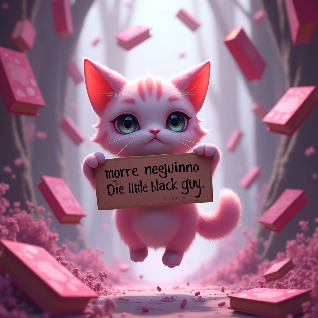 yuumi the magical cat from league of legends holds a sign that says "morre neguinho" and pink books