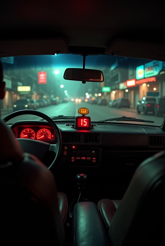 Internal cabin of a taxi without people with the taximeter showing a value of 10 on its red displays:15, having a night background in a Latin American country, and looking like a photo taken with a low-end cell phone.
