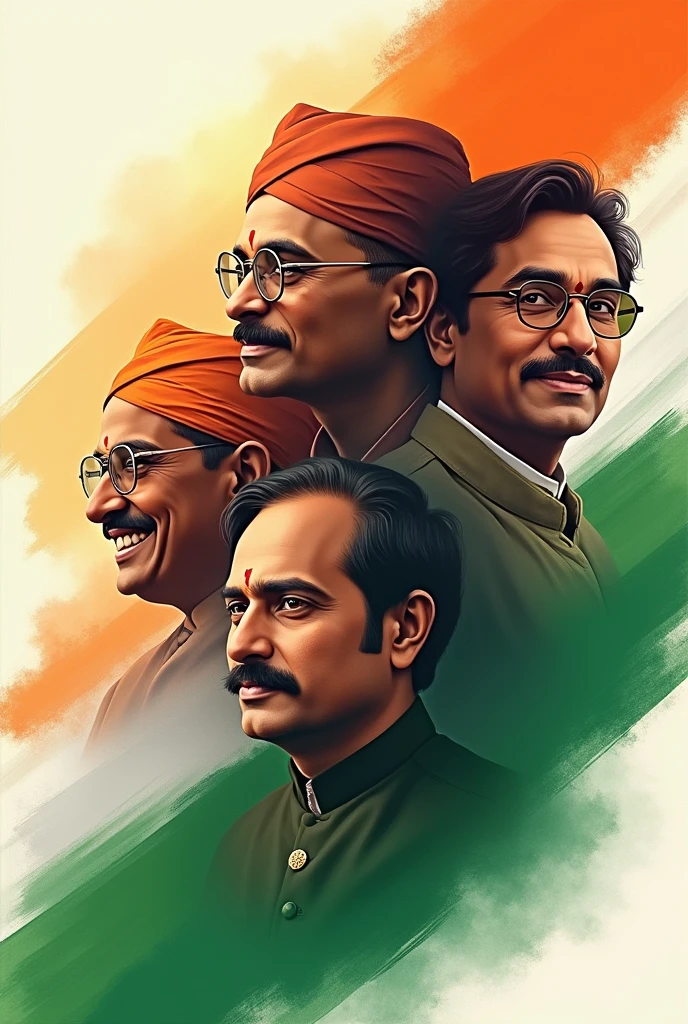 Use this contain create happy independence day India they are use Indian freedom fighter heroes Mahatma Gandhi Subhash Chandra Bose Bhagat Singh and use Indian flag and Indian flag colour use this all content and create the prompt