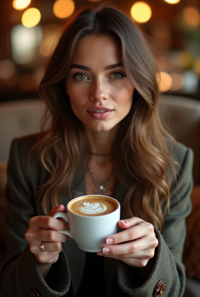 one pretty woman, 30 years old with light brown hair, long length, detailedeyes, nase, and lips, wearing a blazer and jeans sitting on her couch, with a cappuccino in hand, Ultra-detailed,(realisitic,photorealisitic,photo-realisitic:1.37),HDR,studio lighting, extremely detailed face and body, portraite,cinematic lighting,clear lighting, warm color tones,dramatic colors