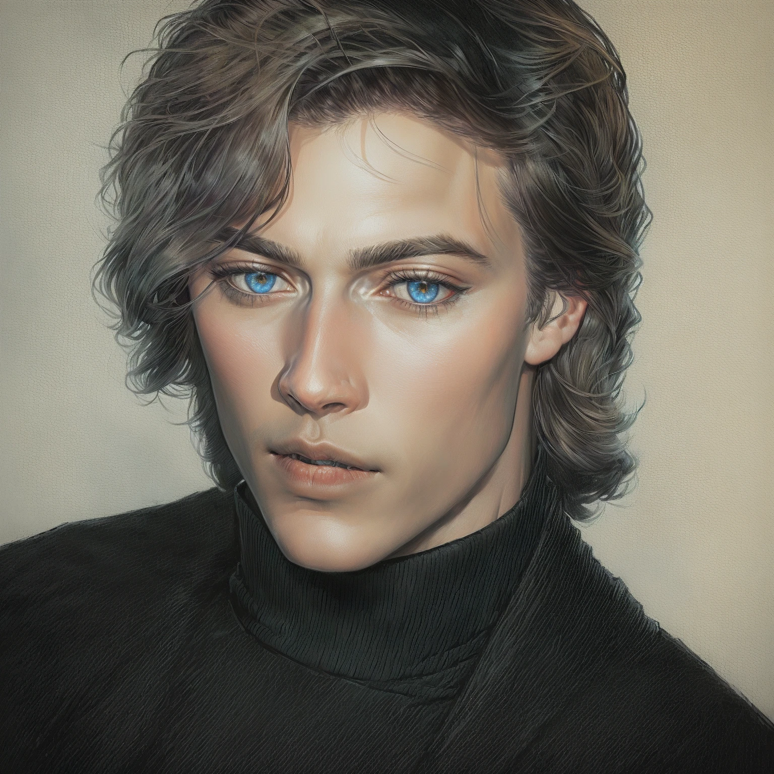 A sketch of a man in a black turtleneck and black blazer, inspired by Nikolai Abraham Abildgaard, perfect Beautiful face, androgynous face, Anato Finnstark. perfect faces, beautiful androgynous prince, Beautiful face, Skarsgård, beautiful attractive face, He looks like Ty Sheridan, Christian line, androgynous man