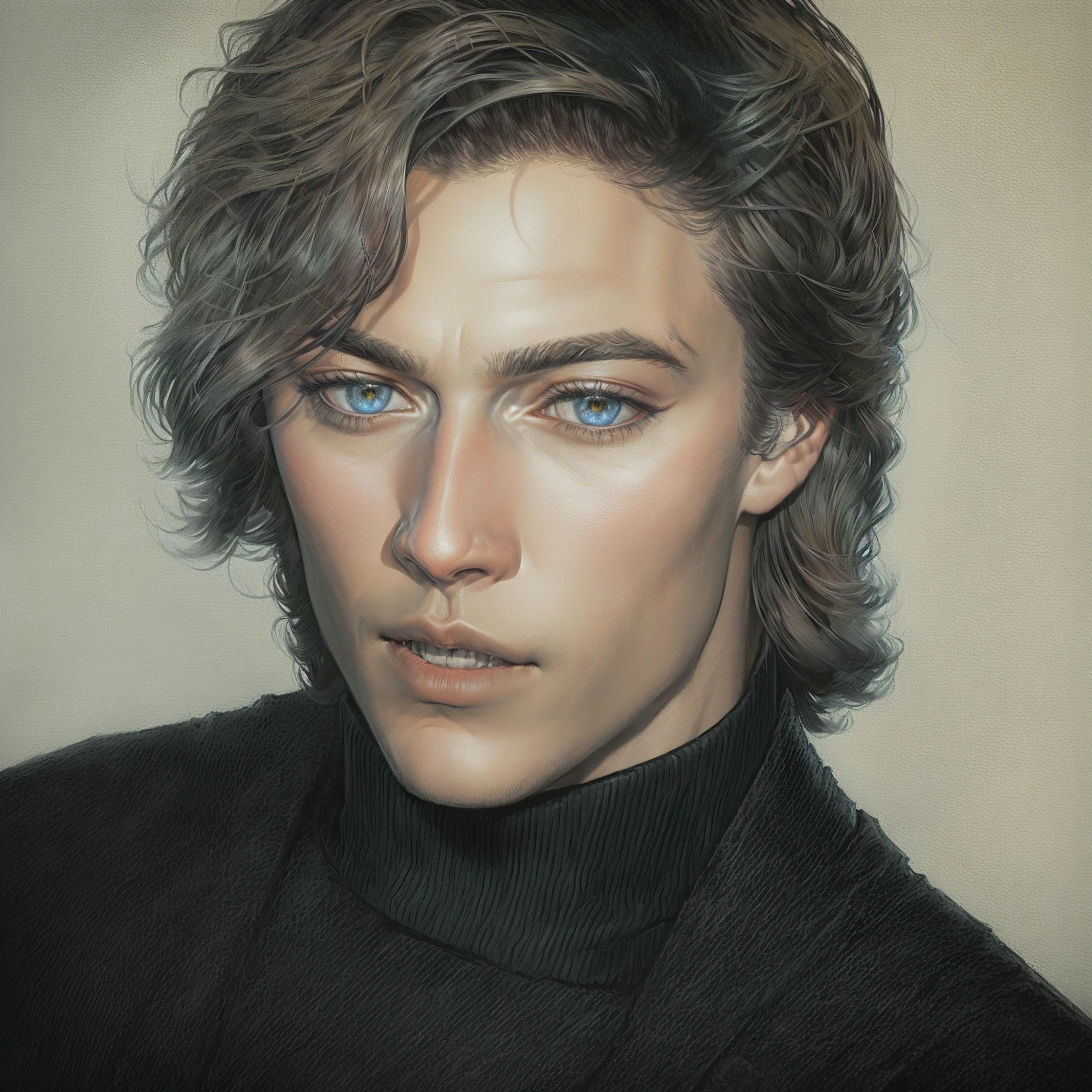 A sketch of a man in a black turtleneck and black blazer, inspired by Nikolai Abraham Abildgaard, perfect Beautiful face, androgynous face, Anato Finnstark. perfect faces, beautiful androgynous prince, Beautiful face, Skarsgård, beautiful attractive face, He looks like Ty Sheridan, Christian line, androgynous man