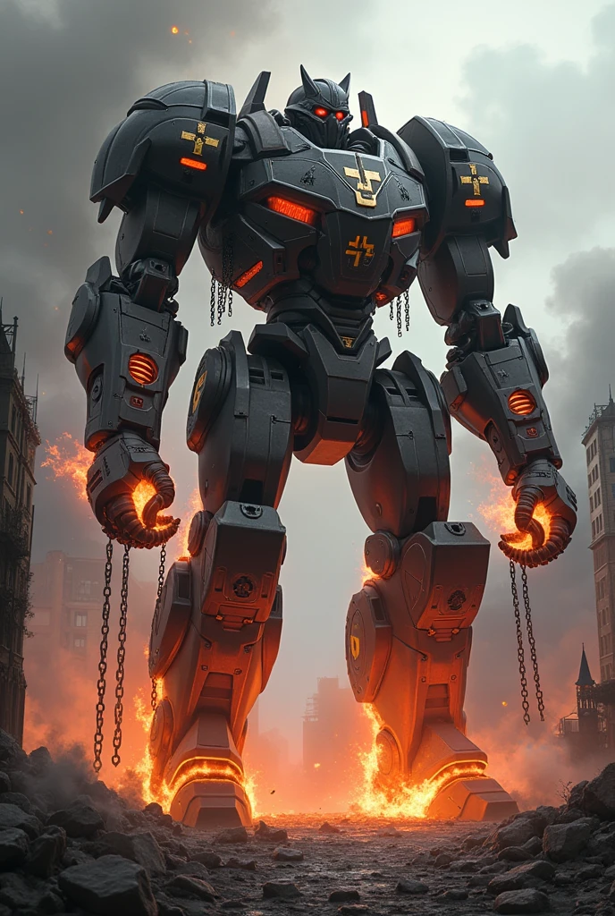 Nazi colors Jaeger with chains and fire destroying a city 
