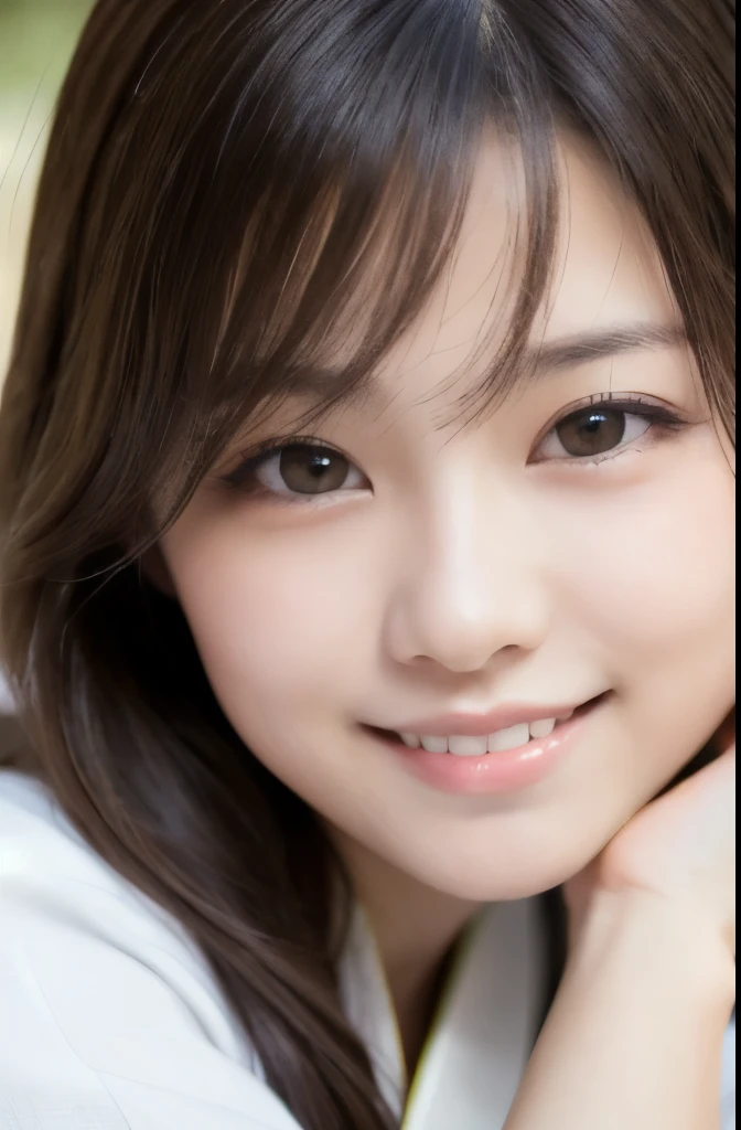 best quality, face focus, soft light, ultra high res, (photorealistic:1.4), RAW photo,(Shinozaki Ai), white skin, kawaii, 1 Japanese girl, solo, cute, (smile), (pupil, lights in the eyes), detailed beautiful face, Medium-sized breasts,(high resolution detail of human skin texture),(long hair),(portrait), upper body, white traditional kimono