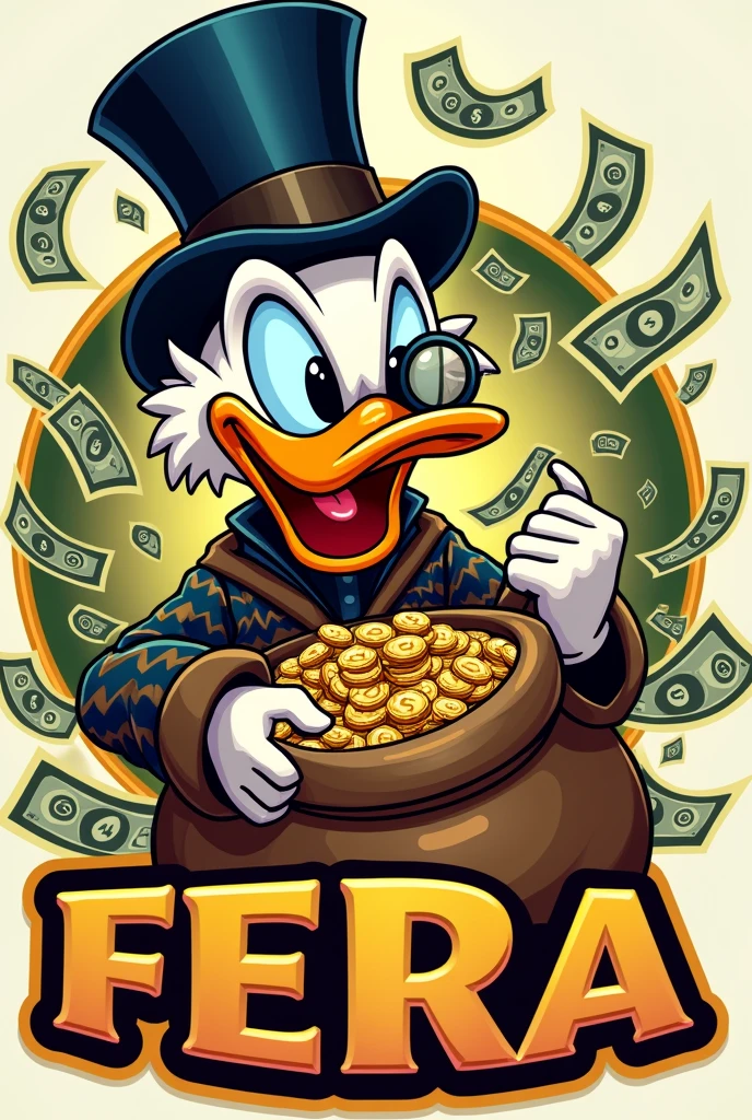 Logo for a game profile, Scrooge McDuck character with the name FERA highlighted, with lots of dollar bills flying around him