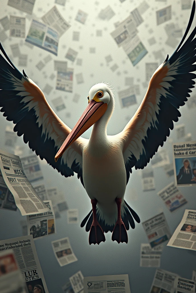 Pelican with a newspaper on its wing above many newspapers 