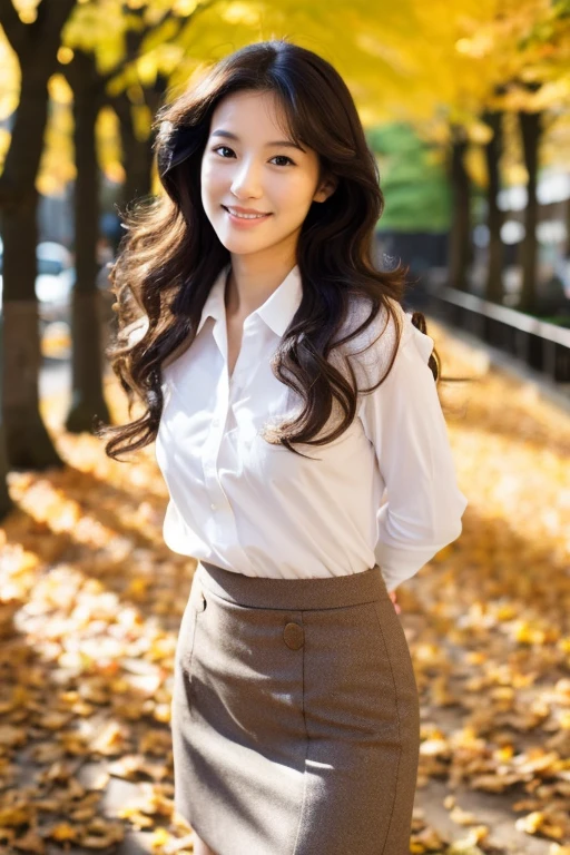 Golden Ratio,Highest quality, Soft Light, Ultra-high resolution, (Realistic:1.4), full_body,RAW Photos, One of the Japan, alone, cute, (pupil, Light in your eyes), Beautiful face in every detail,(High resolution detail of human skin texture), (Long Hair), Outdoor, Dress shirt,skirt, (Portraiture),autumn,smile,Black Hair,Age 25,Wavy Hair,Curly hair,ロングskirt,High heels,business