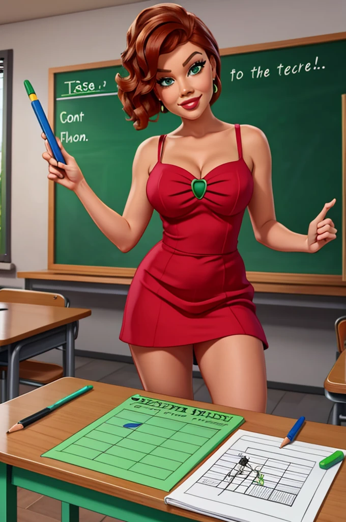 Disney Pixar style drawing, Teacher, holding a ruler in front of the green board near the table, the teacher is pointing to the board