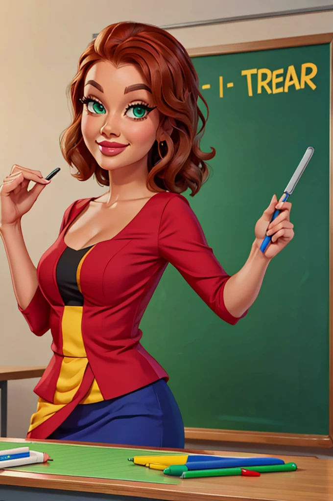 Disney Pixar style drawing, Teacher, holding a ruler in front of the green board near the table, the teacher is pointing to the board