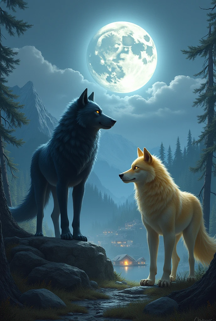 Two wolf names, One strong, Dark hair and another thin, blond hair, transforming into silver wolves under the light of the full moon. At the bottom, The village of Silvermoon can be seen (It's a small village nestled among rugged mountains and ancient forests)