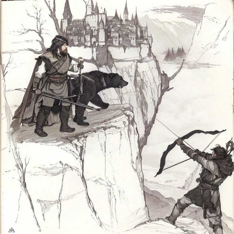 drawing of a man with a bow and a bear on a cliff, inspired by Heinrich Clay, LOTR fan art, based on Roman Bezpalkiv, fan art, inspired by János Saxon-Szász, Anato FinnStark and Kelogsloops, Inspired by Alan Lee, Anato Finnstark, inspired by John Howe, Inspired by Andrew Robinson