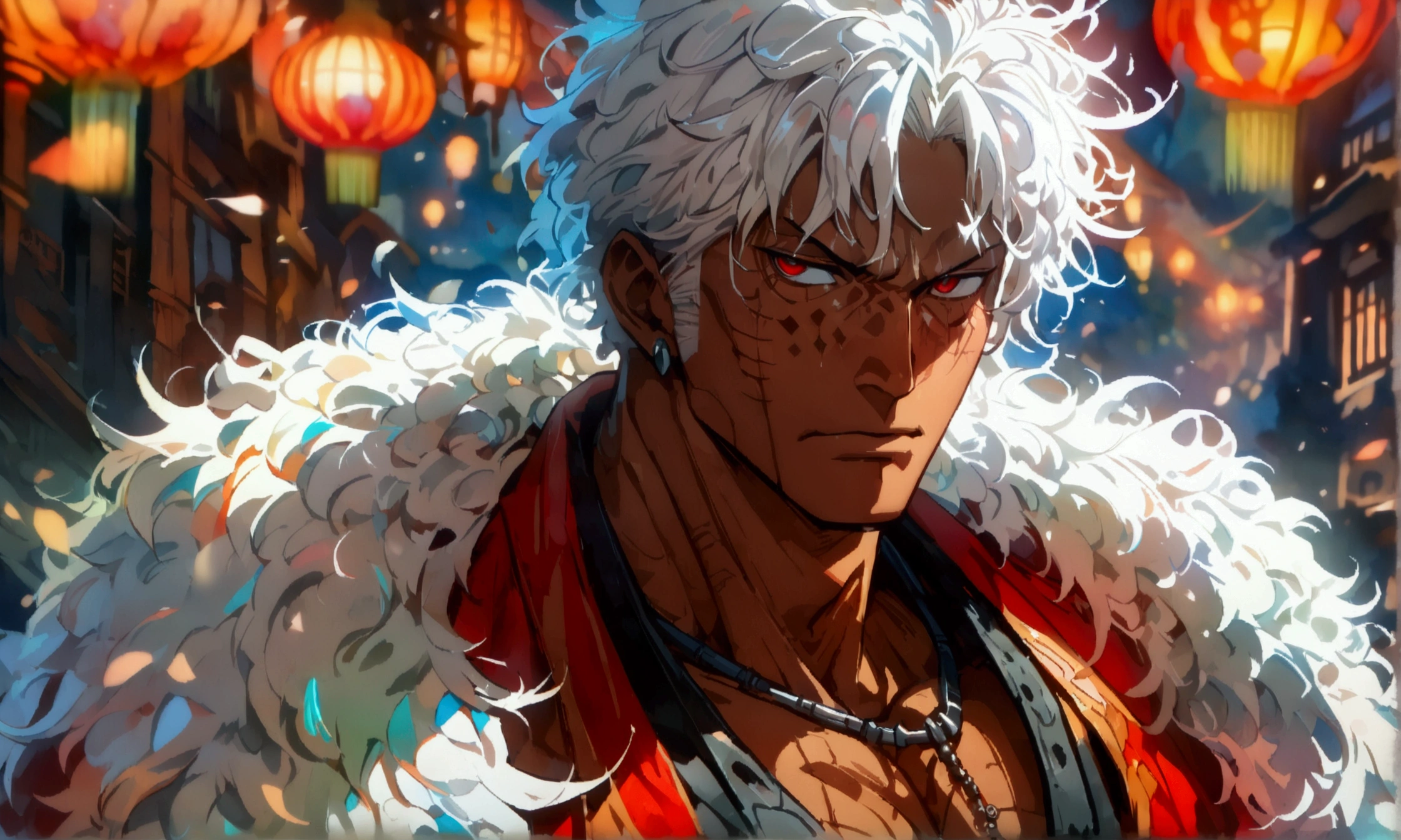 Muscular man, brown skin, messy white hair, vibrant red eye, open black robe, mocking expression, ((Intricate anime character design inspired by One piece)), ((stunning lighting)), ((fine lines)), ((stunning focus)), ((stunning face)), ((detailed focus)), ((detailed background)), ((ultra-fine 2D design)), ((scenery bathed in creativity)), ((2D masterpiece)), ((best quality), ((8K)), ((anime style))