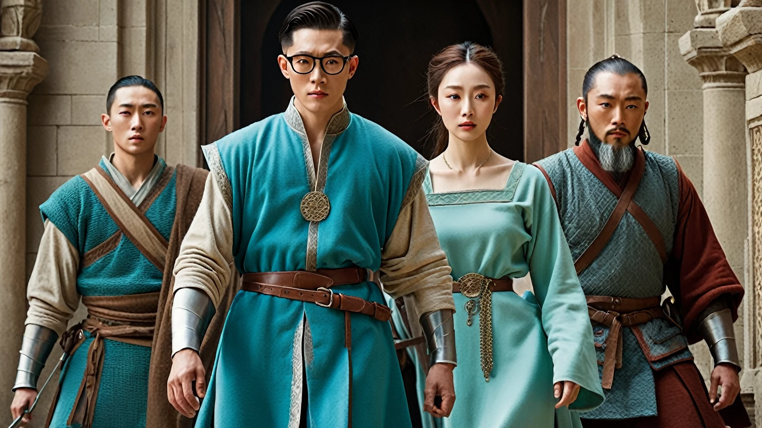 A hyper-realistic, 16K movie poster-style image set in a medieval fantasy world. It features three women and three men with Asian features, temporarily allied and facing off against a distant male adversary positioned at the edge of the canvas. The characters’ upper bodies are detailed, while their lower bodies subtly fade into the background. The men wear glasses and mostly have short hair, with varied clothing styles to reflect individuality. The color scheme is dominated by Tiffany blue, creating an elegant and intense atmosphere, with cinematic lighting that emphasizes the alliance and the epic nature of the impending conflict. The adversary should clearly appear as a lone, defiant figure, creating a strong sense of confrontation with the allied group.
