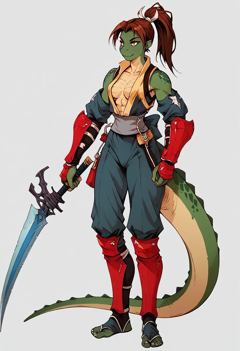 a mutant green skin buff,muscular woman wearing a ninja suit ,thick, lizard, 90’s style. She’d androgynous,equipped with some weapons and a sensual , cool expression,full body.The scene has a cool,sweet,sexual,stargate style and a vibrant tone. Modern setting in the background
