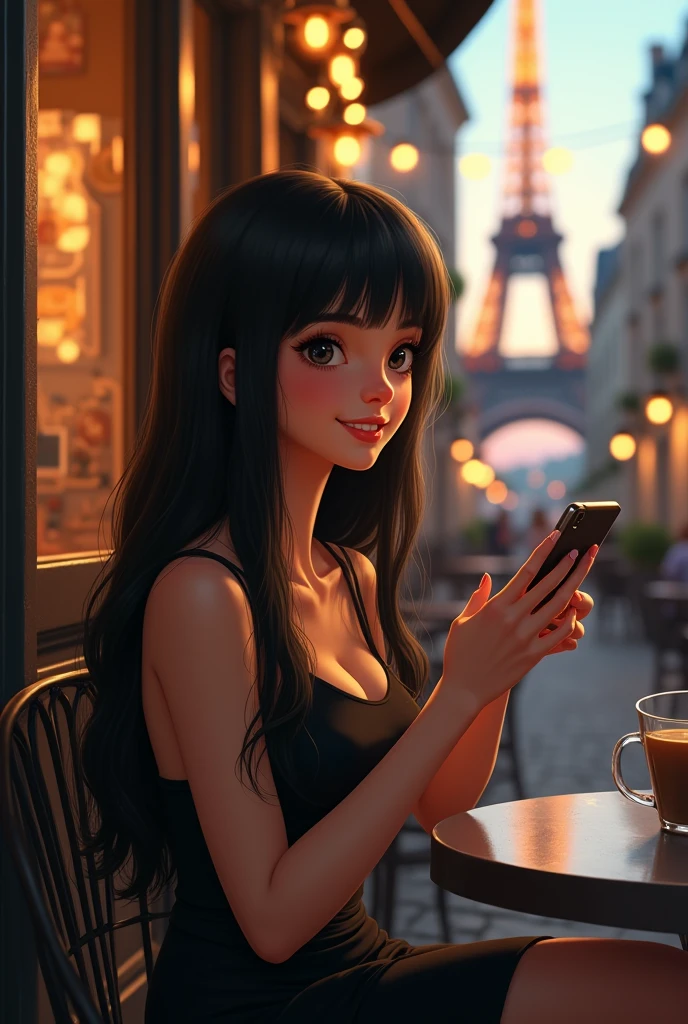 girl with black hair, smooth without bangs, 
 long, black eyes, long eyelashes, round nose, happy, dressed in black, singing Taylor Swift songs, in a cafe near the Eiffel Tower while looking at her phone