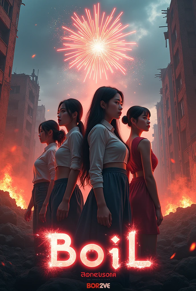 2024 debut album for a four-member female Kpop group, one of whom is Thai. The cover features the name 'Boil' and a post-war background., fireworks and futuristic 